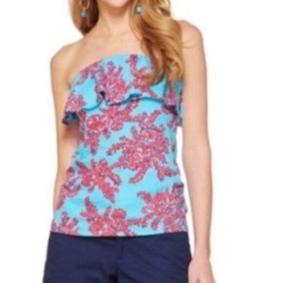 Lilly Pulitzer Wiley Ruffle Tube Top Rhode Island Reef XS/0 Strapless Knit Tee - Picture 2 of 12